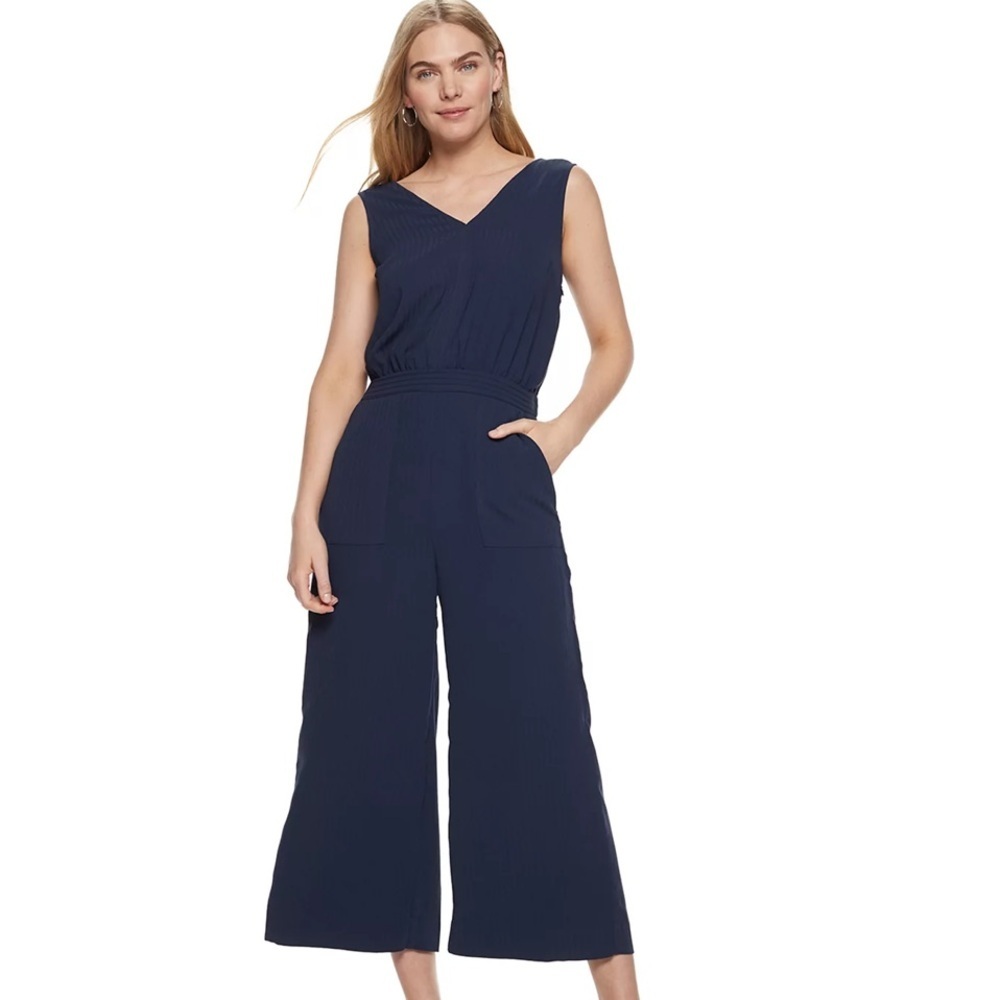 NAVY BLUE SURPLICE BACK JUMPSUIT WIDE LEG + POCKETS TIE BELT SIZE XL NWT